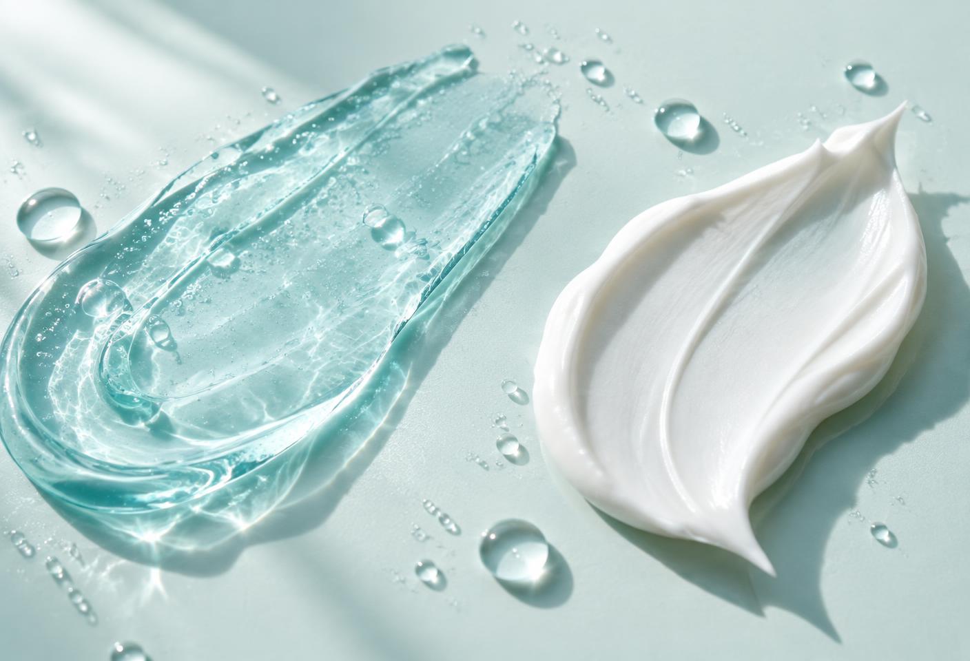 Gel, soft cream, and water droplets in natural light